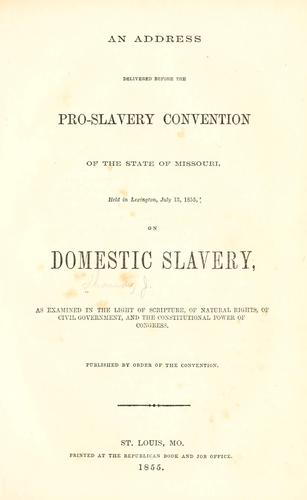 Cover for address delivered before the Pro-slavery Convention of the State of Missouri