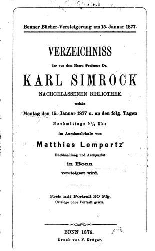 Cover for Verzeichniss der von dem Herrn Professor dr. Karl Simrock nachgelassenen ...