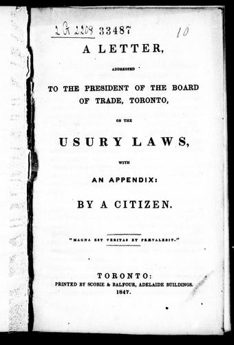 Cover for A letter addressed to the Board of Trade, Toronto, on the usury laws