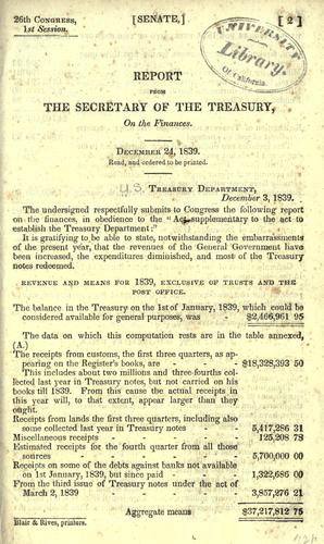Cover for Report from the secretary of the Treasury, on the finances...