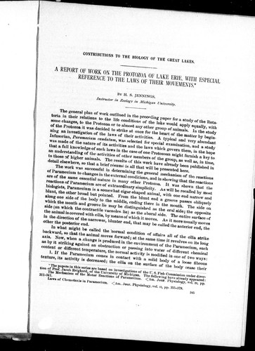 Cover for A report of work on the protozoa of Lake Erie, with especial reference to the laws of their movements