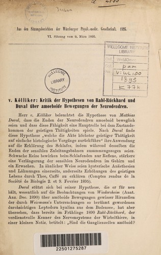 Cover for Kritik der Hypothesen von Rabl-Rückhard und Duval über amoeboide Bewegungen der Neurodendren