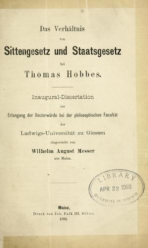 Cover for Das Verhältnis von Sittengesetz und Staatsgesetz bei Thomas Hobbs