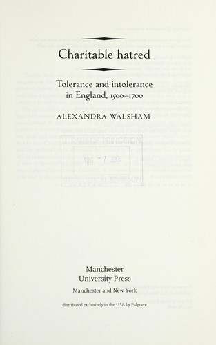 Cover for CHARITABLE HATRED: TOLERANCE AND INTOLERANCE IN ENGLAND, 1500-1700.