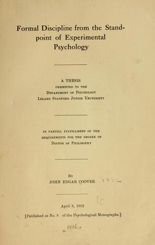 Cover for Formal discipline from the standpoint of experimental psychology ...
