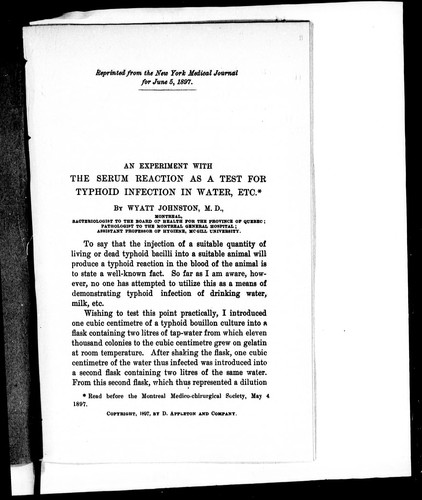 Cover for An experiment with the serum reaction as a test for typhoid infection in water, etc