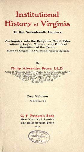 Cover for Institutional history of Virginia in the seventeenth century