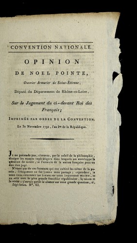 Cover for Opinion de Noel Pointe, ouvrier armurier de Saint-E tienne, de pute  du de partement de Rho ne-et-Loire, sur le jugement du ci-devant roi des Francais