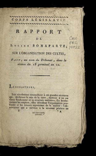 Cover for Rapport de Lucien Bonaparte sur l'organisation des cultes