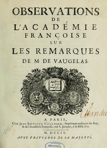 Cover for Observations de l'Académie française sur les remarques de M. de Vaugelas