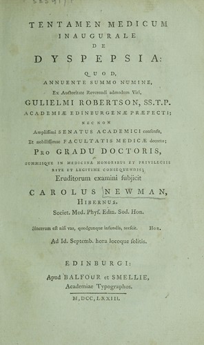 Cover for Tentamen medicum inaugurale de dyspepsia ...