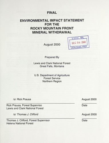 Cover for Final environmental impact statement for the Rocky Mountain front mineral withdrawal
