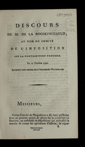 Cover for Discours de M. de La Rochefoucauld, au nom du Comite  de l'imposition sur la contribution foncie  re