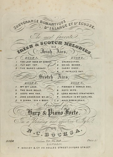 Cover for Souvenance romantique d'Irlande et d'Ecosse : The most favorite Irish and Scotch melodies, viz Irish aris, arranged for harp & piano forte in a pleasing and effective style