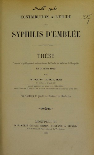 Cover for Contribution ©  l'©♭tude des syphilis d'embl©♭e