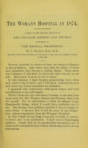 Cover for The Woman's Hospital in 1874