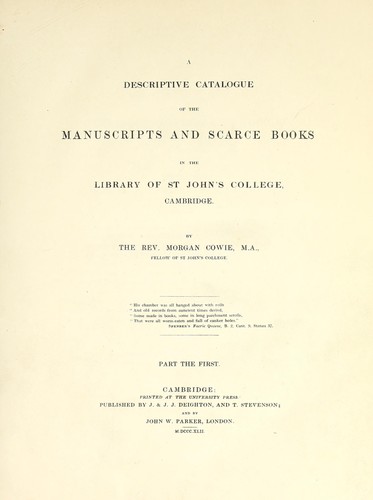 Cover for A descriptive catalogue of the manuscripts and scarce books in the library of St. John's College Cambridge