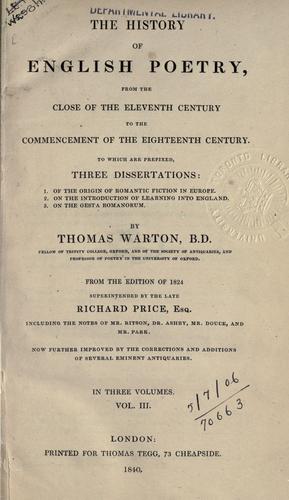 Cover for history of English poetry, from the close of the eleventh century to the commencement of the eighteenth century.