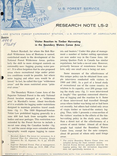 Cover for Visitor reaction to timber harvesting in the Boundary Waters Canoe Area