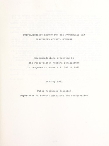 Cover for Prefeasibility report for the Pattengail Dam, Beaverhead County, Montana