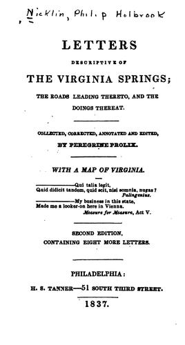 Cover for Letters Descriptive of the Virginia Springs: The Roads Leading Thereto, and the Doings Thereat
