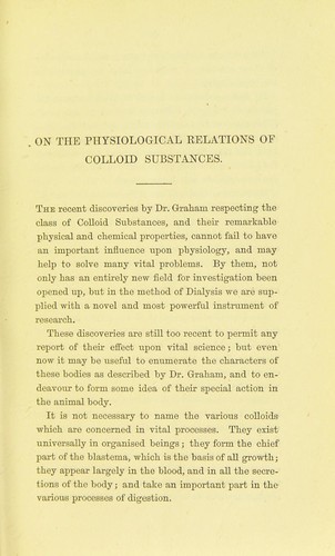 Cover for On the physiological relations of colloid substances