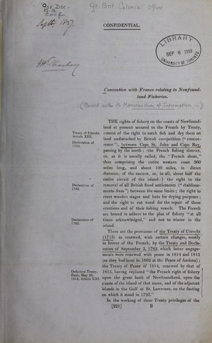 Cover for Convention with France relating to Newfoundland fisheries.