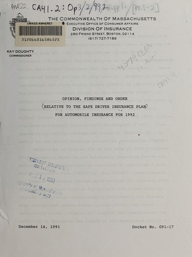 Cover for Opinion, findings and order relative to the safe driver insurance plan for automobile insurance for 1992