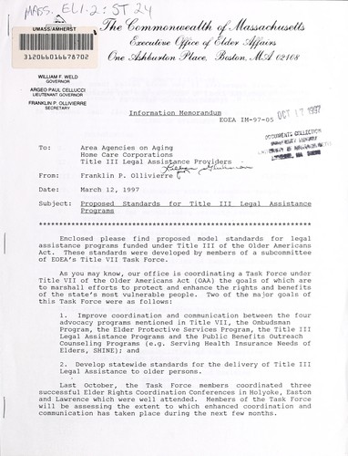 Cover for Standards for the provision of legal assistance to elders in Massachusetts