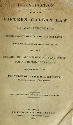 Cover for Investigation into the Fifteen gallon law of Massachusetts