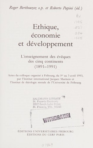 Cover for Ethique, économie et développement