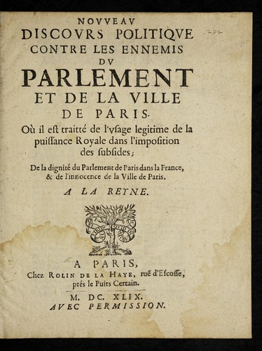 Cover for Novveav discovrs politiqve contre les ennemis dv Parlement et de la ville de Paris