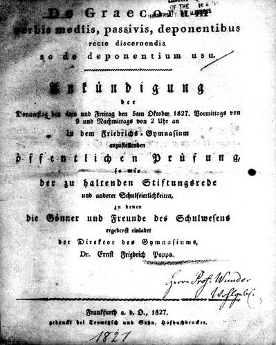 Cover for De Graecorum verbis mediis, passivis, deponentibus recte discernendis ac de deponentium usu