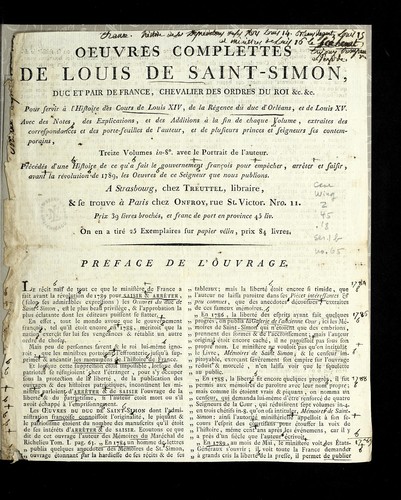 Cover for Oeuvres complettes de Louis de Saint-Simon, duc et pair de France, chevalier des Ordres du roi & c. & c.