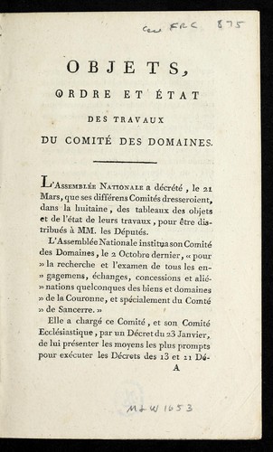 Cover for Objets, ordre et e tat des travaux du Comite  des domaines
