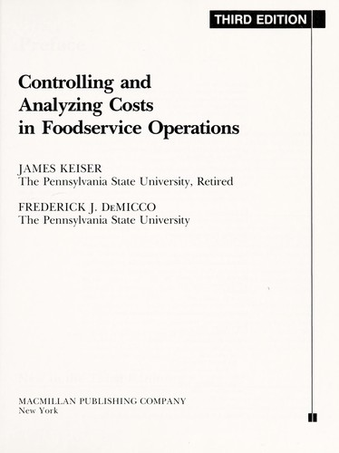 Cover for Controlling and analyzing costs in foodservice operations