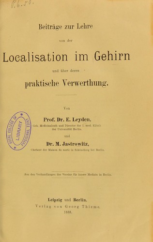 Cover for Beitrage zur Lehre von der Localisation im Gehirn und uber deren praktische Verwerthung