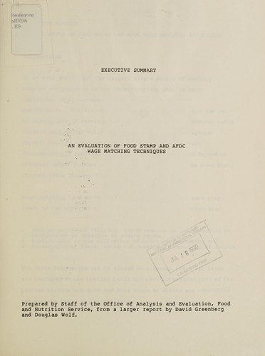 Cover for An Evaluation of Food Stamp and AFDC wage matching techniques