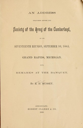 Cover for An address delivered before the Society of the Army of the Cumberland