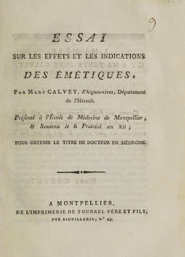 Cover for Essai sur les effets et les indications des émétiques