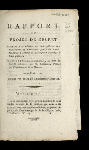 Cover for Rapport et projet de de cret relatifs a   la pe tition des sous-officiers surnume raires de l'ancienne garde de Paris, tendante a   obtenir la haute-paye attache e a   leurs grades