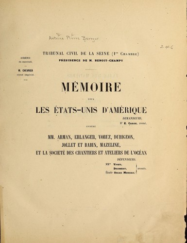 Cover for Mémoire pour les États-Unis d'Amérique