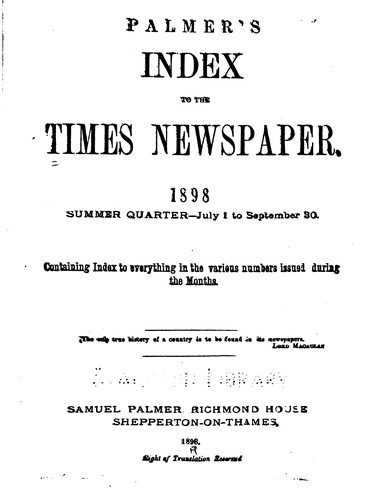 Cover for Palmer's Index to the Times Newspaper