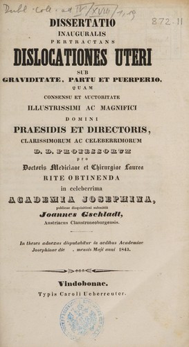 Cover for Dissertatio inauguralis pertractans dislocationes uteri sub graviditate, partu et puerperio