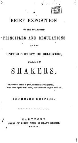 Cover for brief exposition of the established principles and regulations of the United Society of Believers called Shakers.