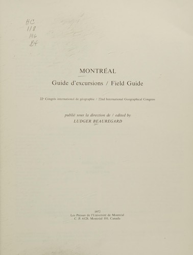 Cover for Montréal, guide d'excursions/field guide.