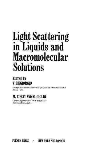 Cover for Light Scattering in Liquids and Macromolecular Solutions
