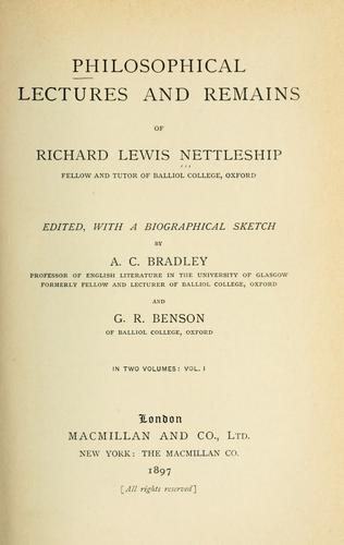 Cover for Philosophical lectures and remains of Richard Lewis Nettleship