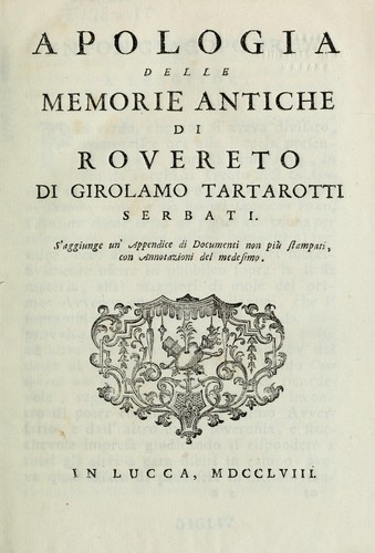 Cover for Apologia delle Memorie antiche di Rovereto