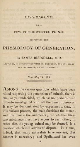 Cover for Experiments on a few controverted points respecting the physiology of generation